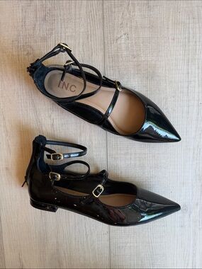 INC International Concepts Black Patent Pointed Toe Multi-Strap Flats